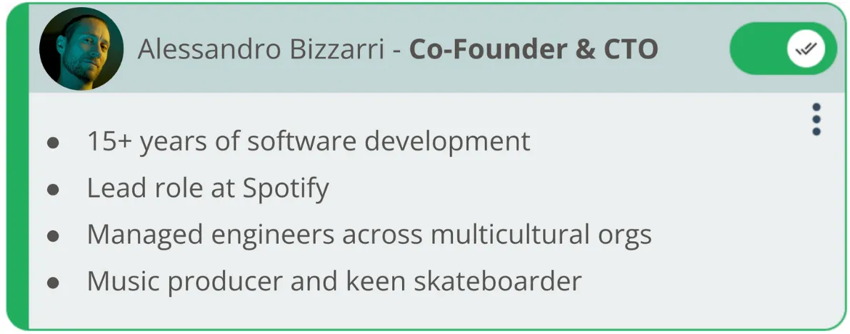 Card showing a short bio of Alessandro Bizzarri, CTO and Co-Founder